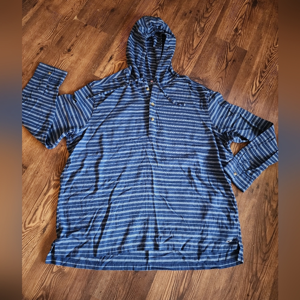 Vineyard Vines Mens Striped Blue Hoodie Shirt Lightweight XXL 2XL Hooded